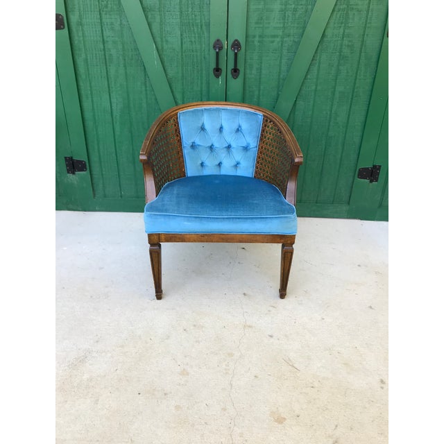 Mid Century Blue Velvet Tufted Back Cane Barrel Chair Chairish