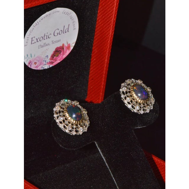 Gorgeous natural 4.41CTS diamond and black opal 18K solid gold earrings. These earrings feature a stunning domed lace...
