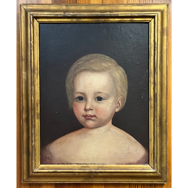 Antique 18th Century English George III Primitive Folk Art Oil Painting - Portrait of a Young Boy in Gilt Wood Frame Circa 1790 For Sale In New York - Image 6 of 12