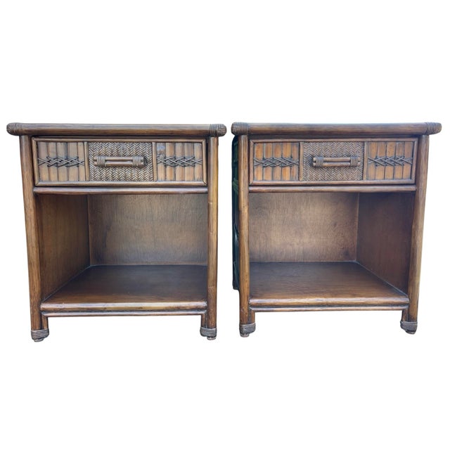Contemporary Vintage Coastal Rattan & Carved Wood Nightstands With Glass Tops – Pair For Sale - Image 3 of 11