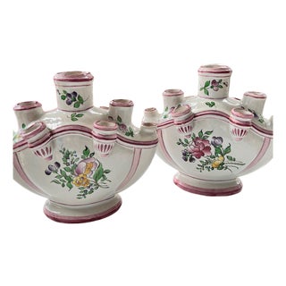 Pair of Faience tulipiere vases // traditional decor // tulip vase // floral design // specimen vase // multi spout vase // French Antique For Sale