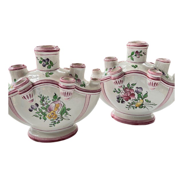Pair of Faience tulipiere vases // traditional decor // tulip vase // floral design // specimen vase // multi spout vase // French Antique For Sale