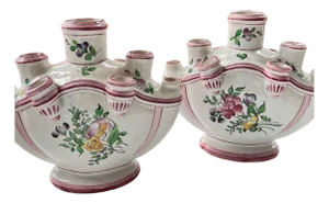 Pair of Faience tulipiere vases // traditional decor // tulip vase // floral design // specimen vase // multi spout vase // French Antique