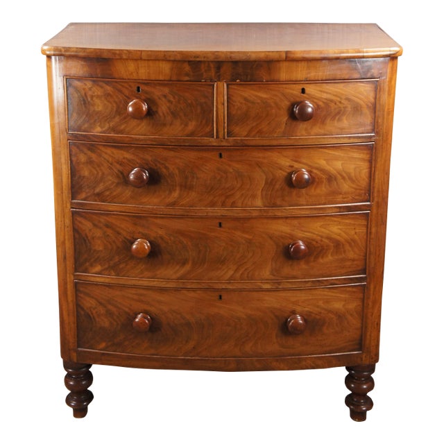 Mid 19th Century Antique Victorian Flame Mahogany Bow Front Tallboy Dresser Chest of Drawers For Sale