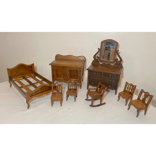 Set of 8 Antique Handmade Mini Wood Bedroom Set Tramp Art Furniture Dresser Bed Vanity For Sale - Image 4 of 14