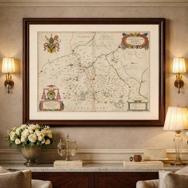 Map of Cambrai & Artois with Heraldic Cartouches from Blaeu, 1642 For Sale - Image 4 of 11