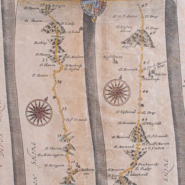 Beige Antique Coaching Road Map, Exeter to Barnstable, English, Framed, Ogilby, c.1700 For Sale - Image 8 of 11