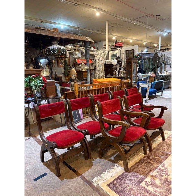 Custom Vintage 1960s Mid Century Modern Marlau of Madrid Glass Top Dining Table With 6 Red Velvet Curule Style Dining Chairs For Sale In Philadelphia - Image 6 of 9