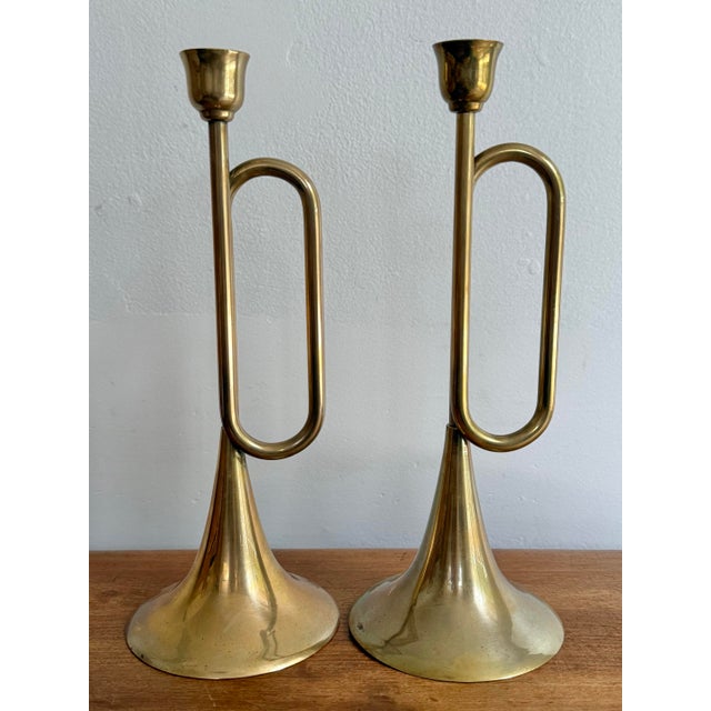 Metal Brass Trumpet Candlestick Holder Pair For Sale - Image 7 of 7
