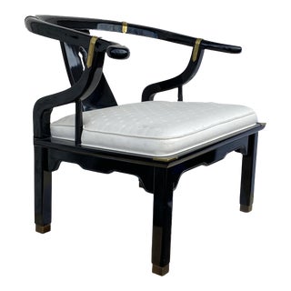 1970's James Mont Style Chinese Black Lacquer Horseshoe Back Club Chair For Sale