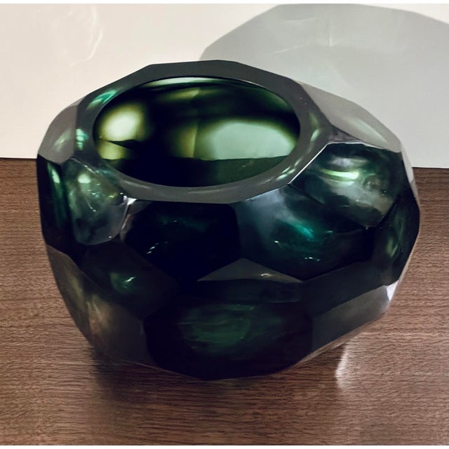 Stylish Revelation Modern Large Emerald Green Faceted Glass Vase, showroom floor sample