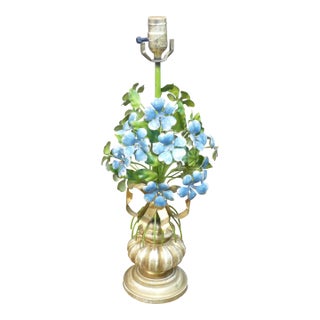 Vintage Italian Tole Hydrangea Table Lamp 1960s Gilt Floral Wood Base For Sale