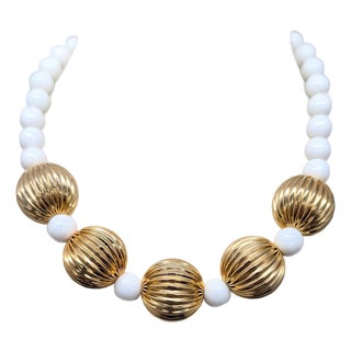 Vintage 1980s Signed Les Bernard Goldtone White Beaded Necklace For Sale