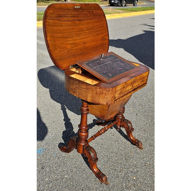 Brown 19th Century Victorian Marquetry Burl Walnut Sewing Table For Sale - Image 8 of 11