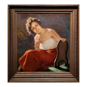 Girl Admiring Herself in the Mirror -C1880s Italian Romanticism Oil Painting