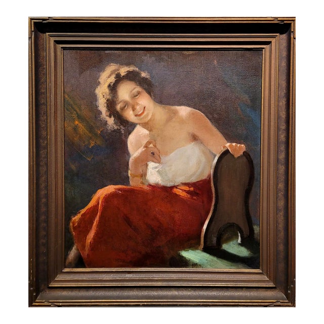 Young Woman Admiring Her Ring – Italian Belle Époque Oil Painting, c.1890s For Sale