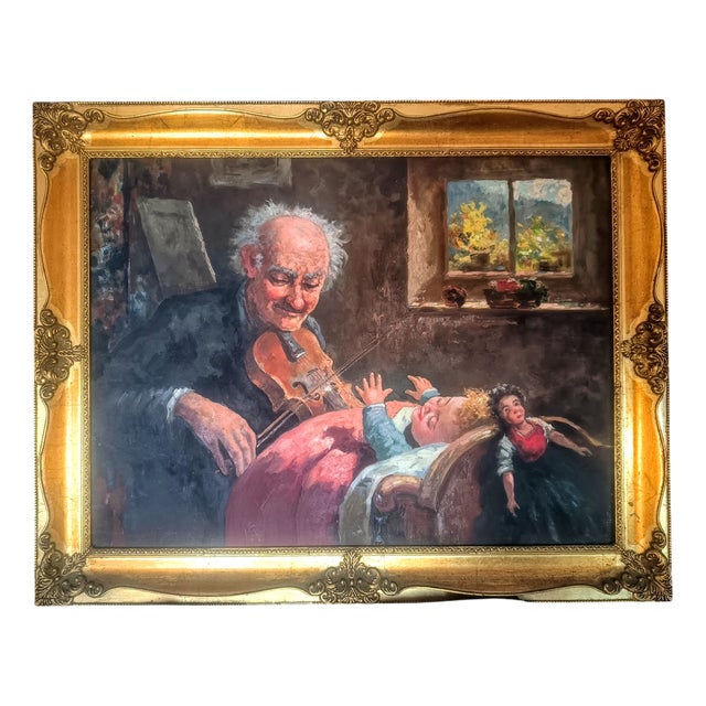 Ceccon, The Violinist, the Granddaughter and the Doll, Oil on Canvas, 1950s, Framed For Sale