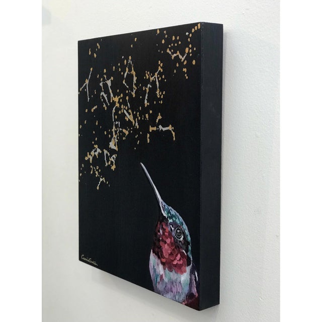 Solaire by Carrie Goller | Oil with Gold and Silver on Wood Panel Hummingbird with golden sparks For Sale - Image 4 of 4