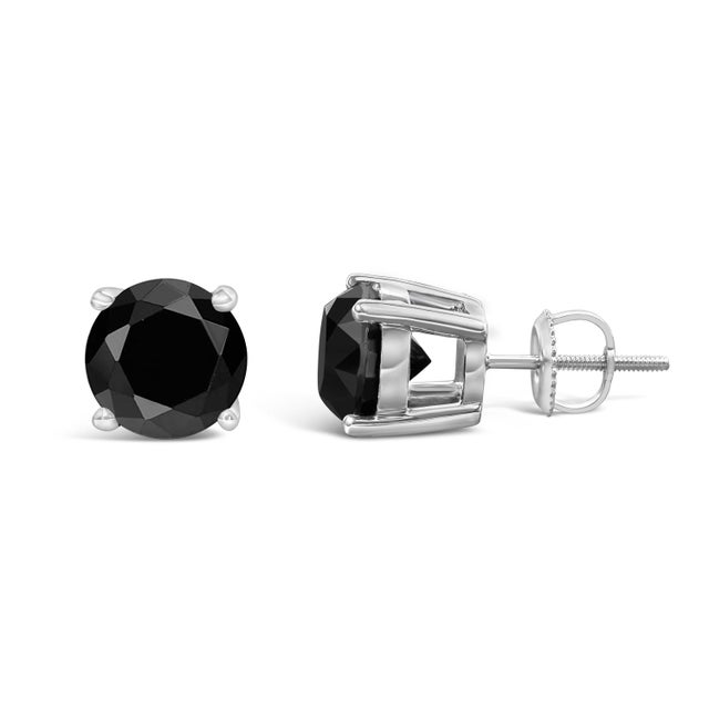 Contemporary 14K White Gold 5.00 Cttw Round Brilliant-Cut Black Diamond Classic 4-Prong Stud Earrings with Screw Backs (Fancy Color-Enhanced, I2-I3 Clarity) For Sale - Image 3 of 5
