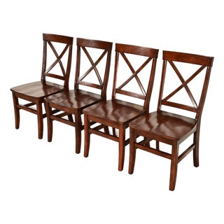 English Country Farmhouse Carved Walnut X-Back Dining Chairs, Set of Four For Sale