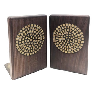 1960's Gordon and Jane Martz for Marshall Studios Walnut and Ceramic Mosaic Bookends, a Pair For Sale