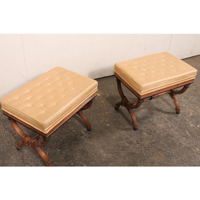 Wood Mid 20th Century Dante Style Wood Stools W/ Upholstered Seats - A Pair For Sale - Image 7 of 9