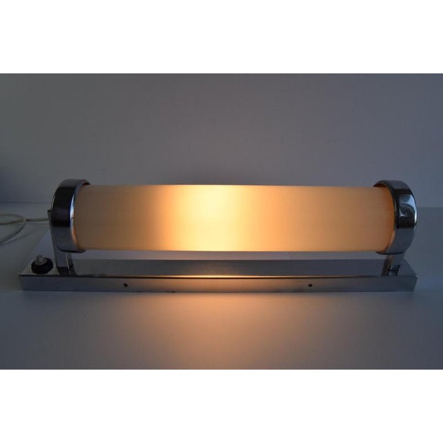 Chrome base with aged patina condition and blown opaline glass shade. Rewired. Polished. 1x40w, e14 or e12 bulb. Us wiring...