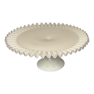 Vintage Fenton Silver Crest Milk Glass Pedestal Cake Stand With Ruffled Clear Edge For Sale