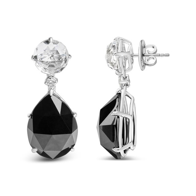 Contemporary 18K White Gold 1/5 Cttw Diamond with Round White Topaz and 20x15mm Pear Cut Black Onyx Gemstone Dangle Earring (G-H Color, SI1-SI2 Clarity) For Sale - Image 3 of 5
