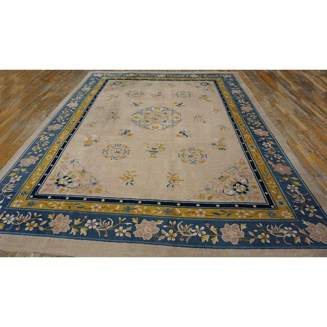 Chinese Wool Ivory - Peking Rectangle 1920s Antique Knotted Room Size Rug, Circa Date: 1920s. This exceptional example of...