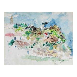 Late 20th Century Expressionist Village Landscape Watercolor Painting For Sale