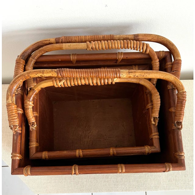 Boho Chic Vintage Woven Rattan Bamboo Handled Nesting Boxes Large Box 16”x12”x11” Smaller Box 13”x X9.5”x9.5” For Sale - Image 3 of 10