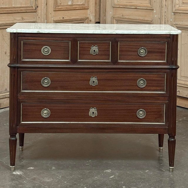 Antique French Louis XVI Mahogany Commode With Carrara Marble For Sale - Image 4 of 15
