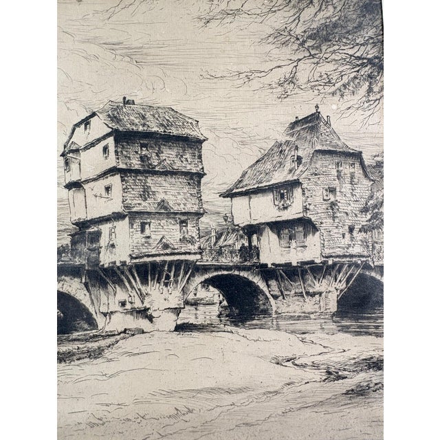 Original Signed Paul Geissler Etching | Historic Brückenhäuser, Bad Kreuznach - German Architectural Art - Circa 1930 For Sale - Image 4 of 12