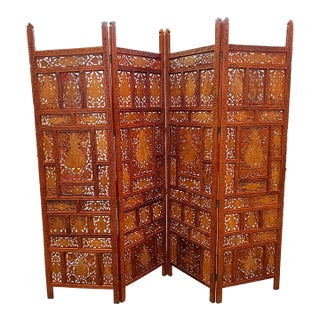 Late 20th Century Hand Carved Screen With Camel Bone & Brass Details For Sale