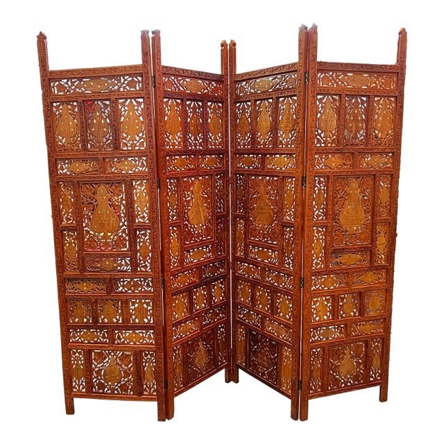 Late 20th Century Hand Carved Screen With Camel Bone & Brass Details For Sale