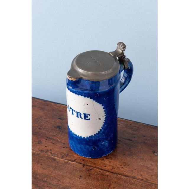 Spongeware Blue Pewter-Mounted Beer Stein from Brussels Faience, 1800s For Sale - Image 6 of 10