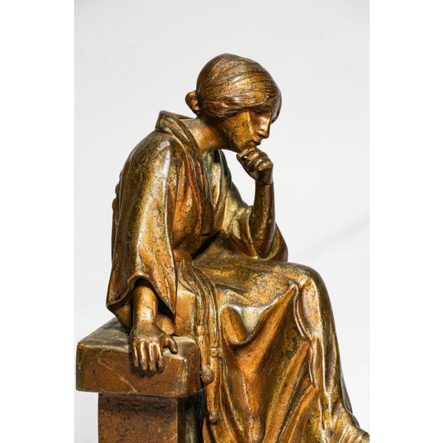1910s Rare Antique Bertolini Clemente “Pensive” Bronze Woman Figural Sculpture Statue Bookends Ovington New York Luxury Home Decor Art For Sale - Image 5 of 18