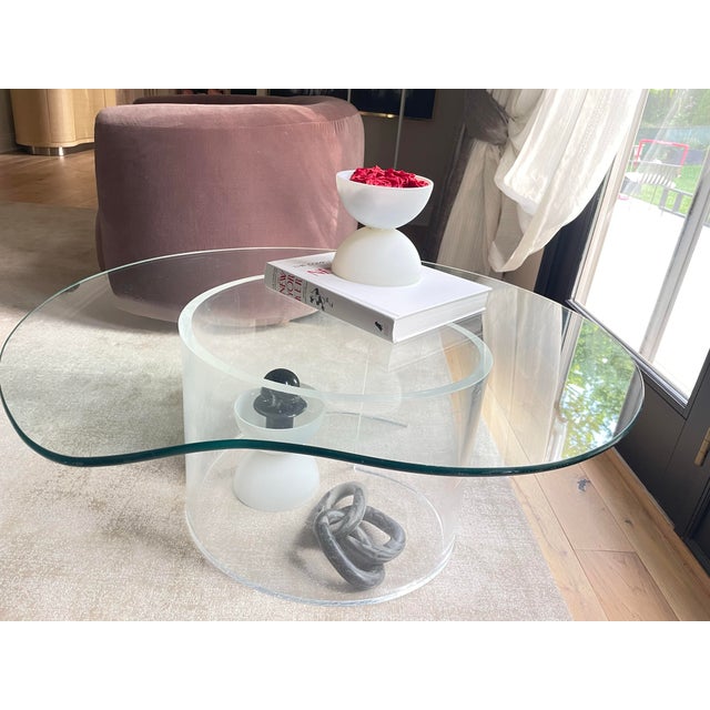 1920s Glass Coffee Table Amoeba Lucite Acrylic Pedestal Base Postmodern Modern Vladimir Kagan Style For Sale In Chicago - Image 6 of 12