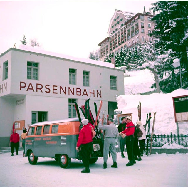 Ski Bus by Toni Frissell Skiers load their skis onto a VW camper van, Klosters, Switzerland, 1954. (Photo by Toni...