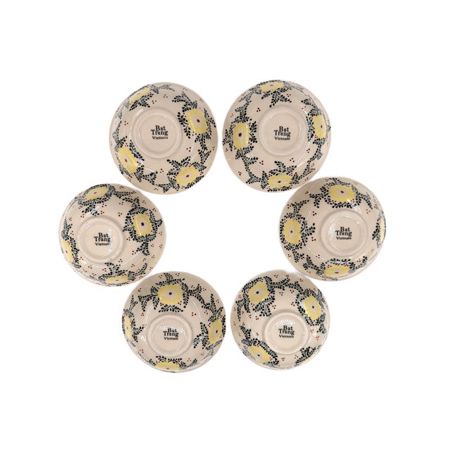 Ceramic Asian Modern Bat Trang Vietnam Multipurpose Ceramic Bowls Hand Painted in Yellow Floral Motif - Set of 6 For Sale - Image 7 of 8