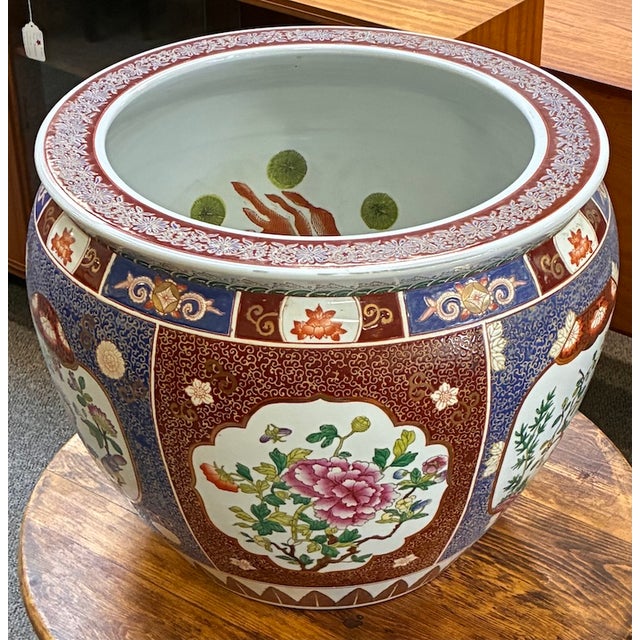 Vintage Painted & Glazed Large Scale Chinese Porcelain Fish Bowl w/ Peony Flowers & Butterflies Stunning Fish Bowl - Large...