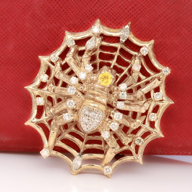 Metal Large 14k Gold, Diamond, and Yellow Sapphire Spider & Web Brooch For Sale - Image 7 of 13