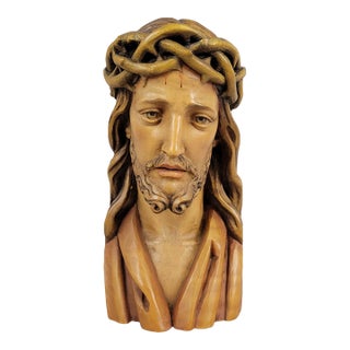 Anri Hand-Carved Wood Bust of Christ With Crown of Thorns – Italy, Mid-Century For Sale
