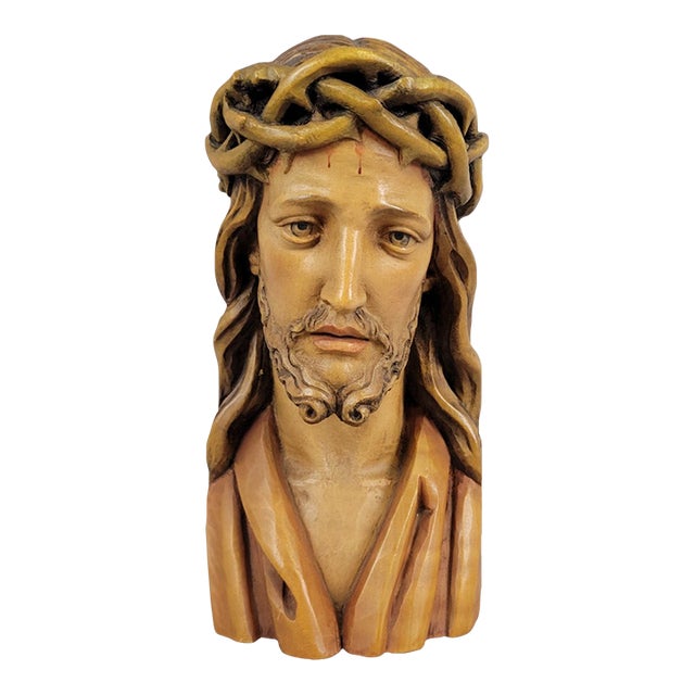 Anri Hand-Carved Wood Bust of Christ With Crown of Thorns – Italy, Mid-Century For Sale