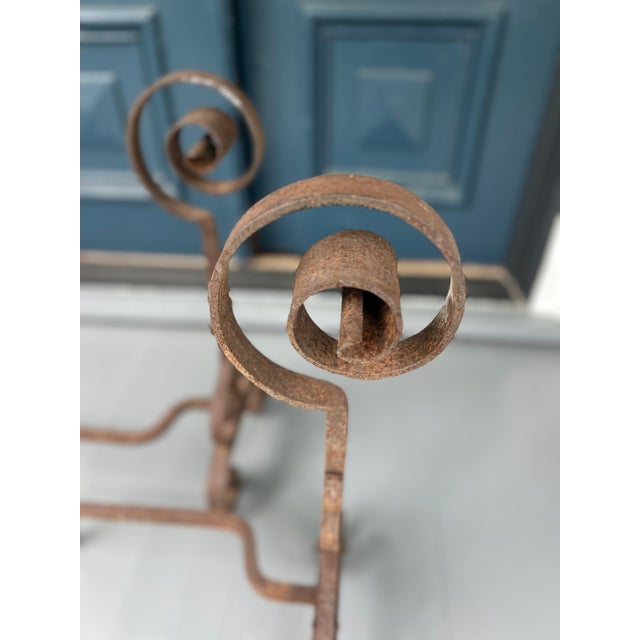 Antique Wrought Iron Andirons | Hand-Forged Scrollwork Fireplace Dogs | 26.5” Tall Primitive Hearth Set For Sale In New York - Image 6 of 8