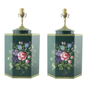 A Pair of Vintage Export Tea Cans Hand-Painted English Floral Table Lamps. Hand-Painted Table Lamps, Vintage Table Lamps