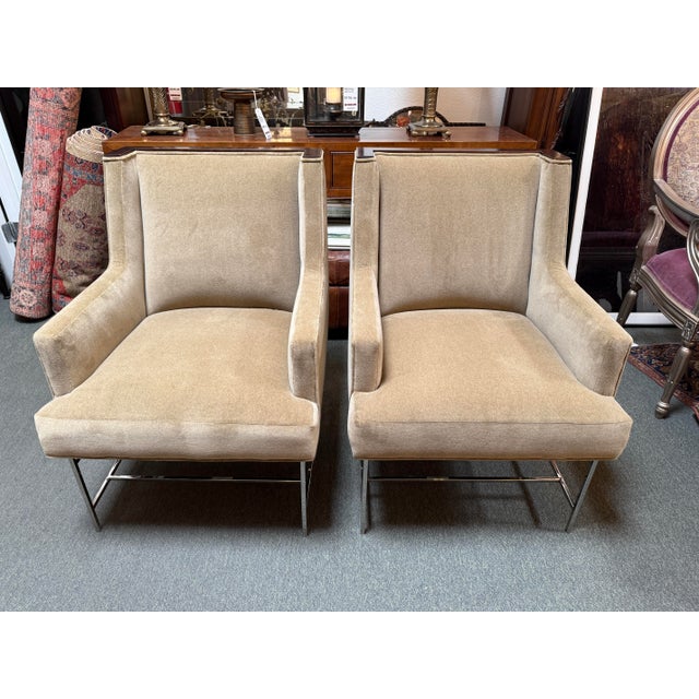 Design Plus Gallery presents a Pair of Mohair Armchairs by Michael Weiss for Vanguard Furniture. The chairs have an edgy...