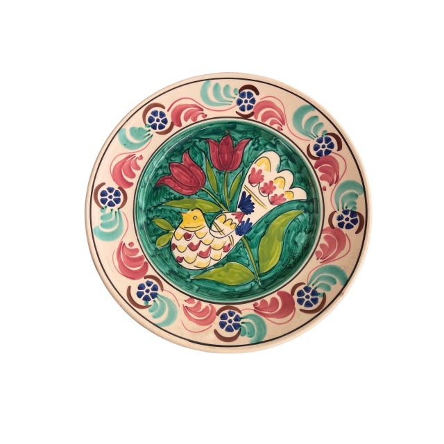Mediterranean Vintage Hand-Painted Mediterranean Style Terracotta Ceramic Wall Hanging Plate - Bird & Tulip Motif For Sale - Image 3 of 12