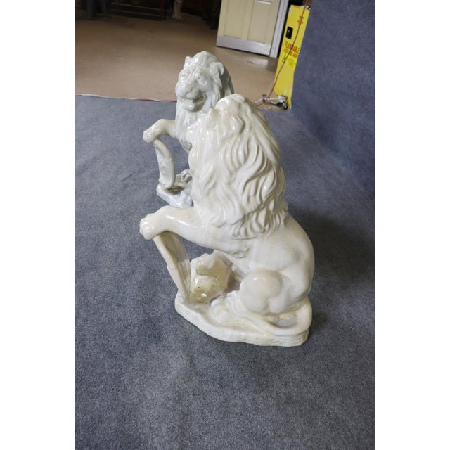 Ceramic Pair Large White Glazed Ceramic Figures of Entryway Lions Paws Raised on Shield For Sale - Image 7 of 12